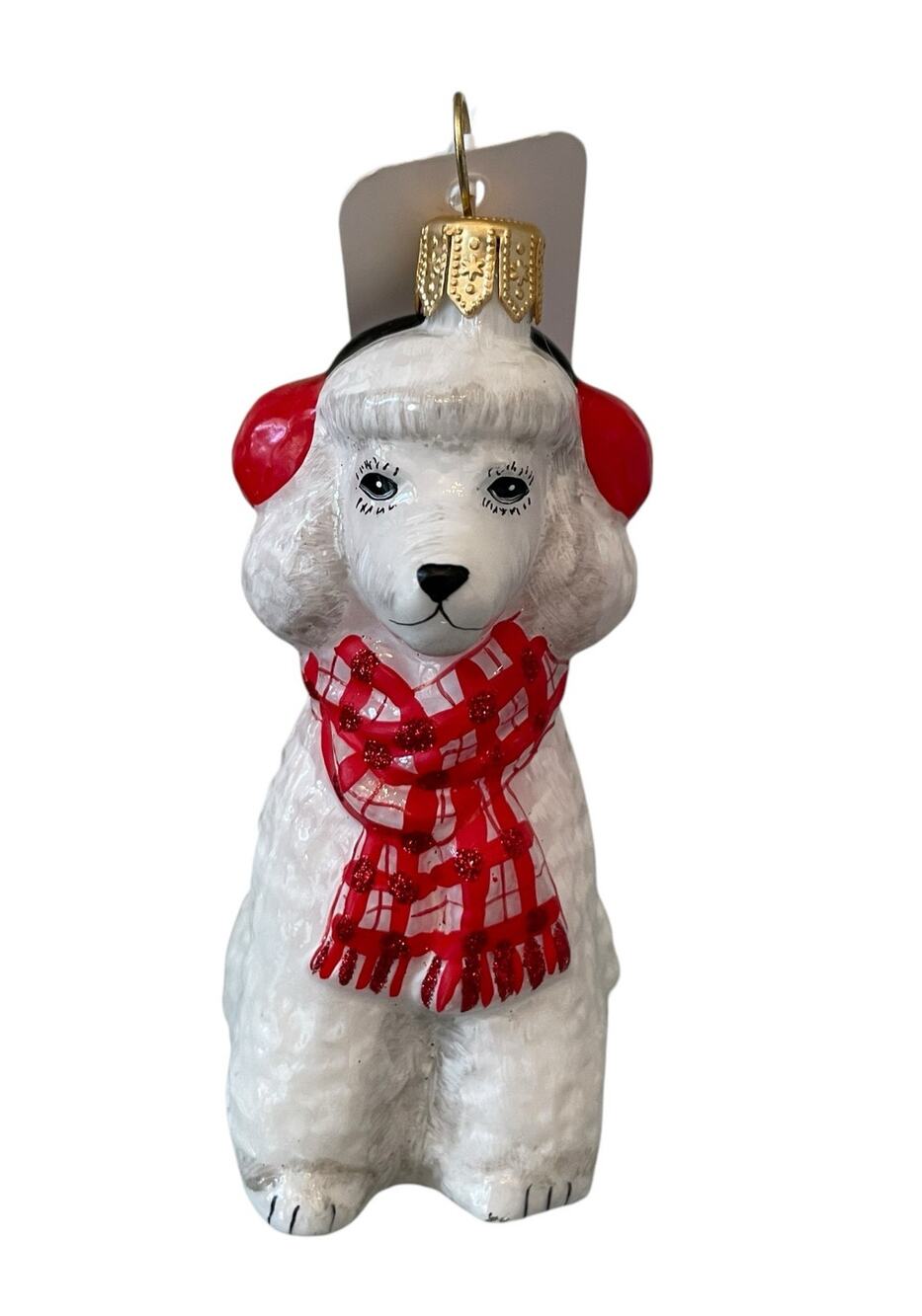 Neiman Marcus White Poodle Wearing Red Scarf & Earmuffs Christmas Ornament NEW